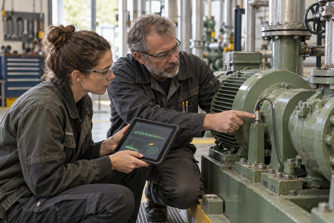 Zwei Instandhaltungstechniker prüfen Schwingungsdaten einer Industriemaschine auf einem Tablet